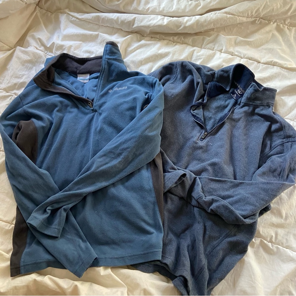 two blue fleece half zip crewneck
